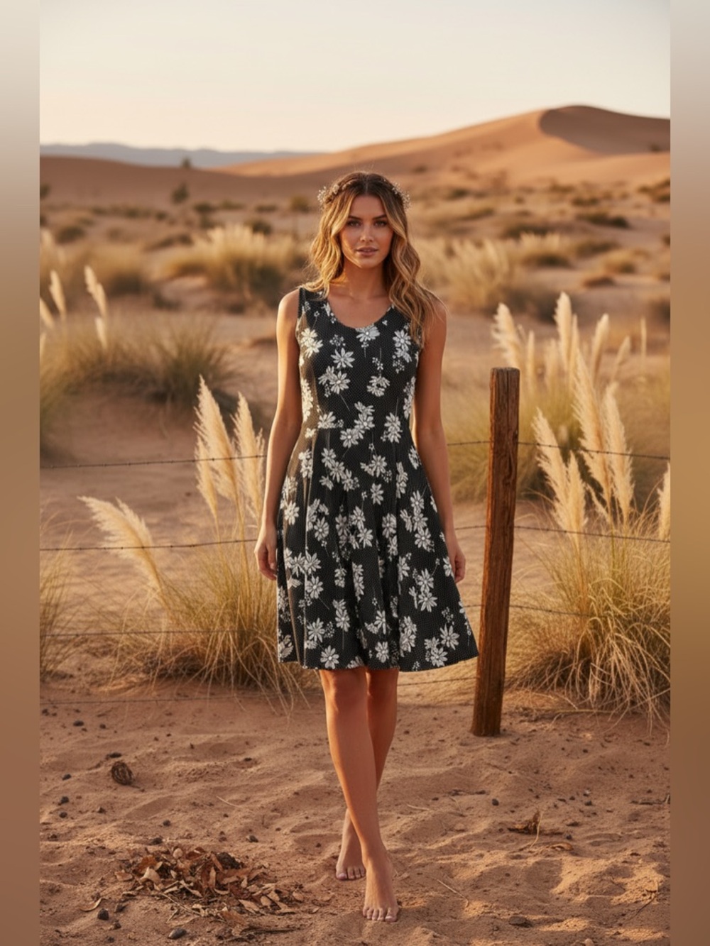 NWOT • Nicki • A-Line • Sleeveless • Fit and Flare Dress • Black and White Daisy - Picture 5 of 9